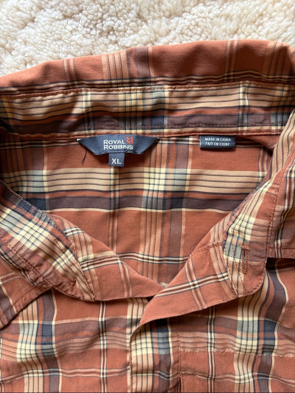 Royal Robbins Men's Plaid Button-Up Shirt in Rust and Tan